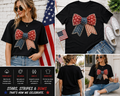 4th of July Coquette Bow Shirt – Patriotic American Flag Patchwork Graphic Tee, Cute USA Bow T-Shirt