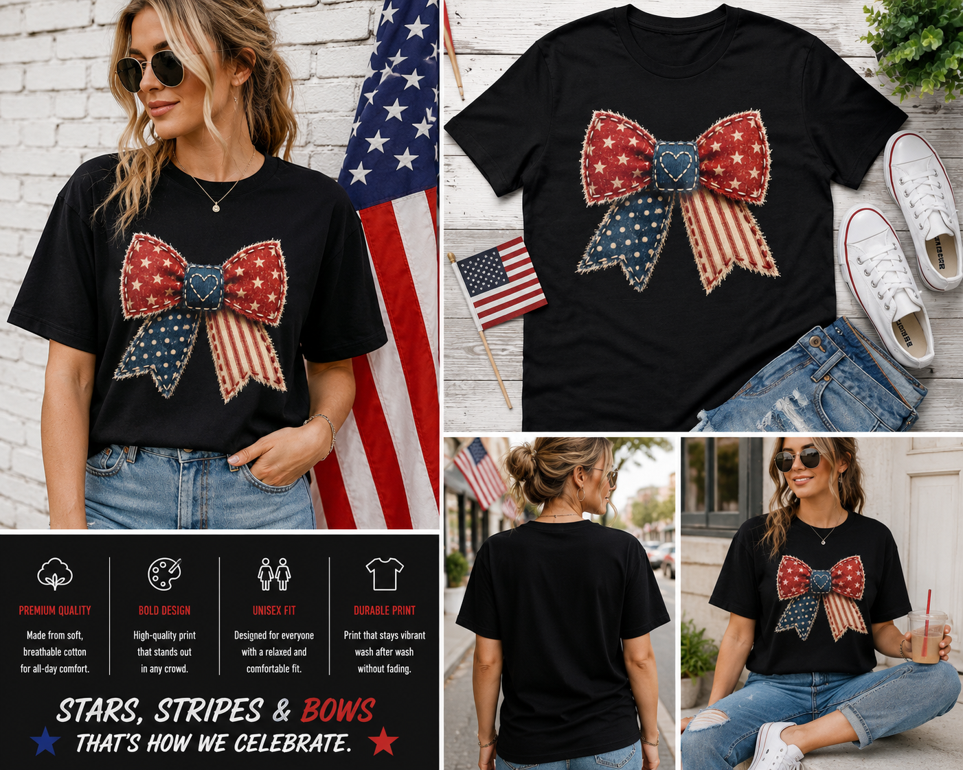 4th of July Coquette Bow Shirt – Patriotic American Flag Patchwork Graphic Tee, Cute USA Bow T-Shirt