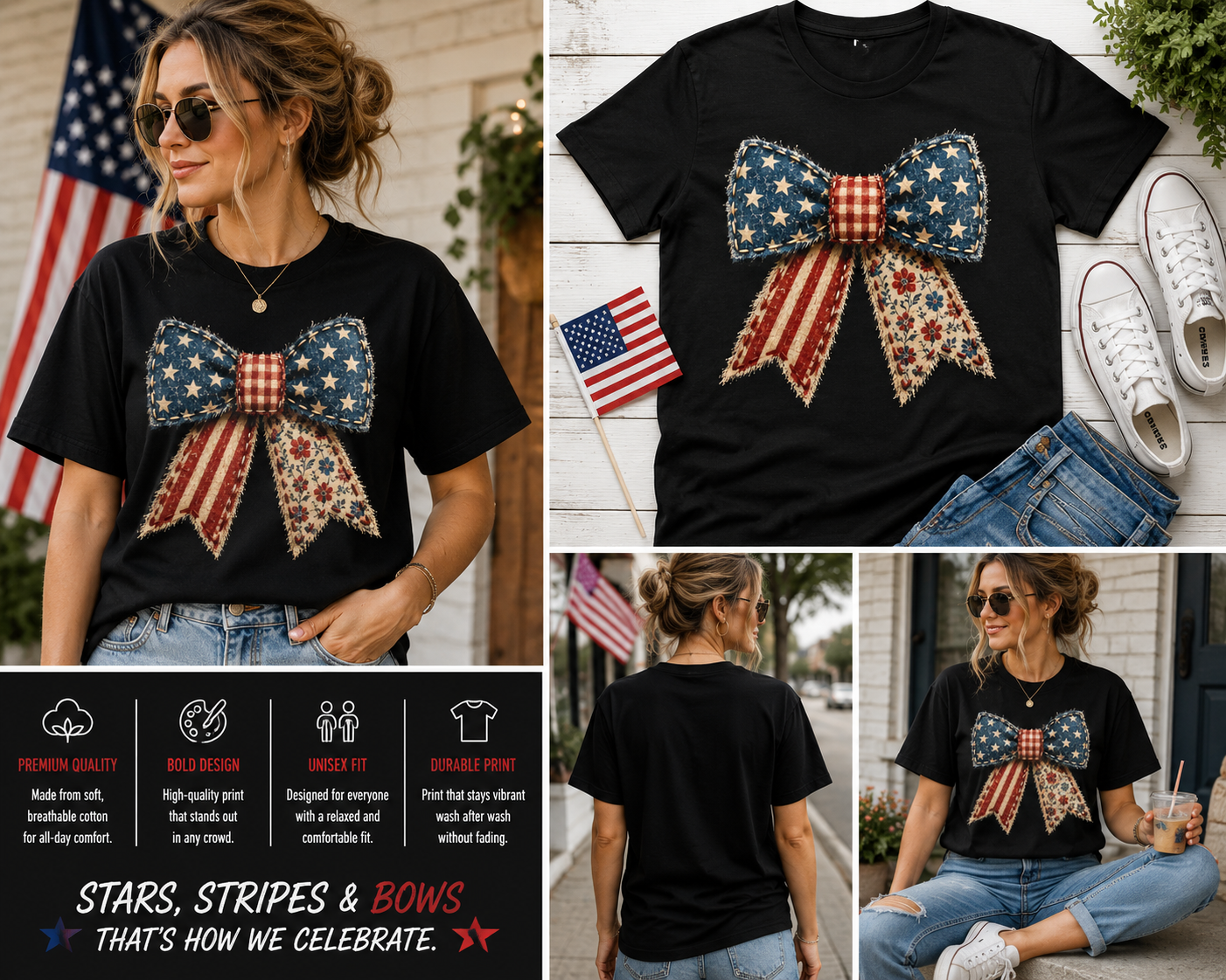 4th of July Coquette Bow Shirt – Vintage American Flag Patchwork Bow Tee, Patriotic USA Graphic T-Shirt