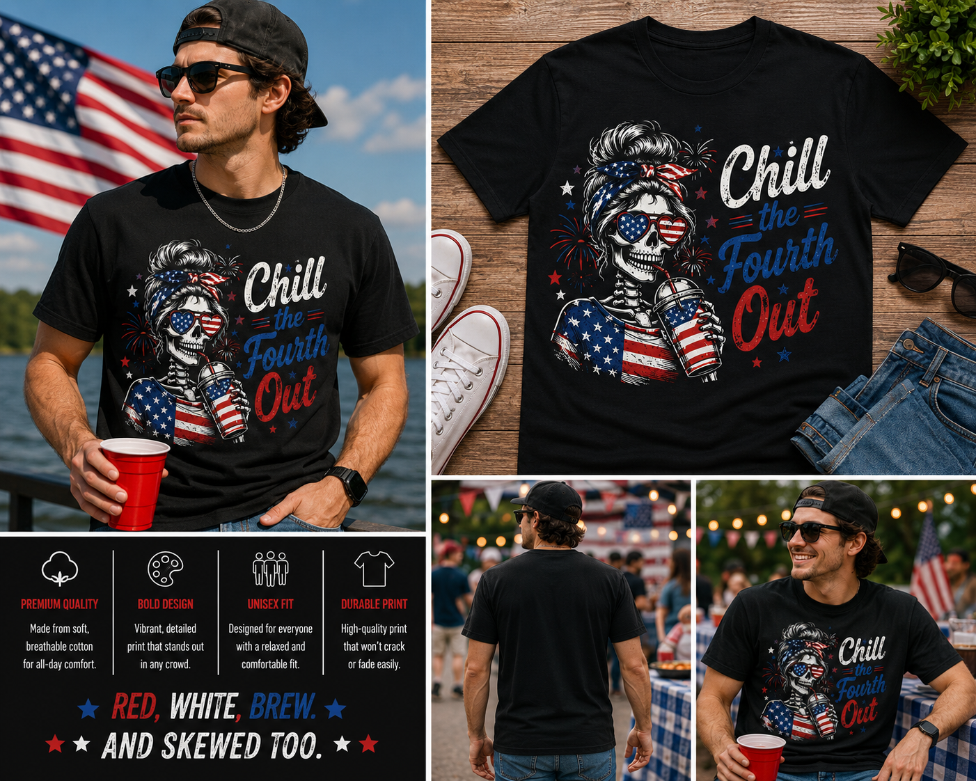 Chill the Fourth Out Shirt – Funny Patriotic Skeleton Graphic Tee, 4th of July USA Summer T-Shirt