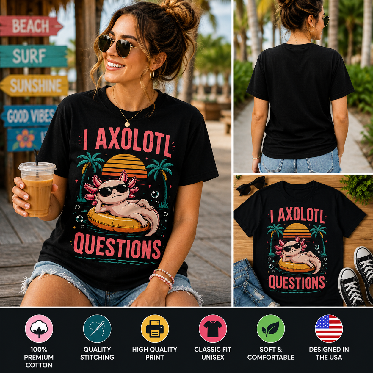 I Axolotl Questions Funny Retro Summer Axolotl Graphic T-Shirt for Kids & Adults