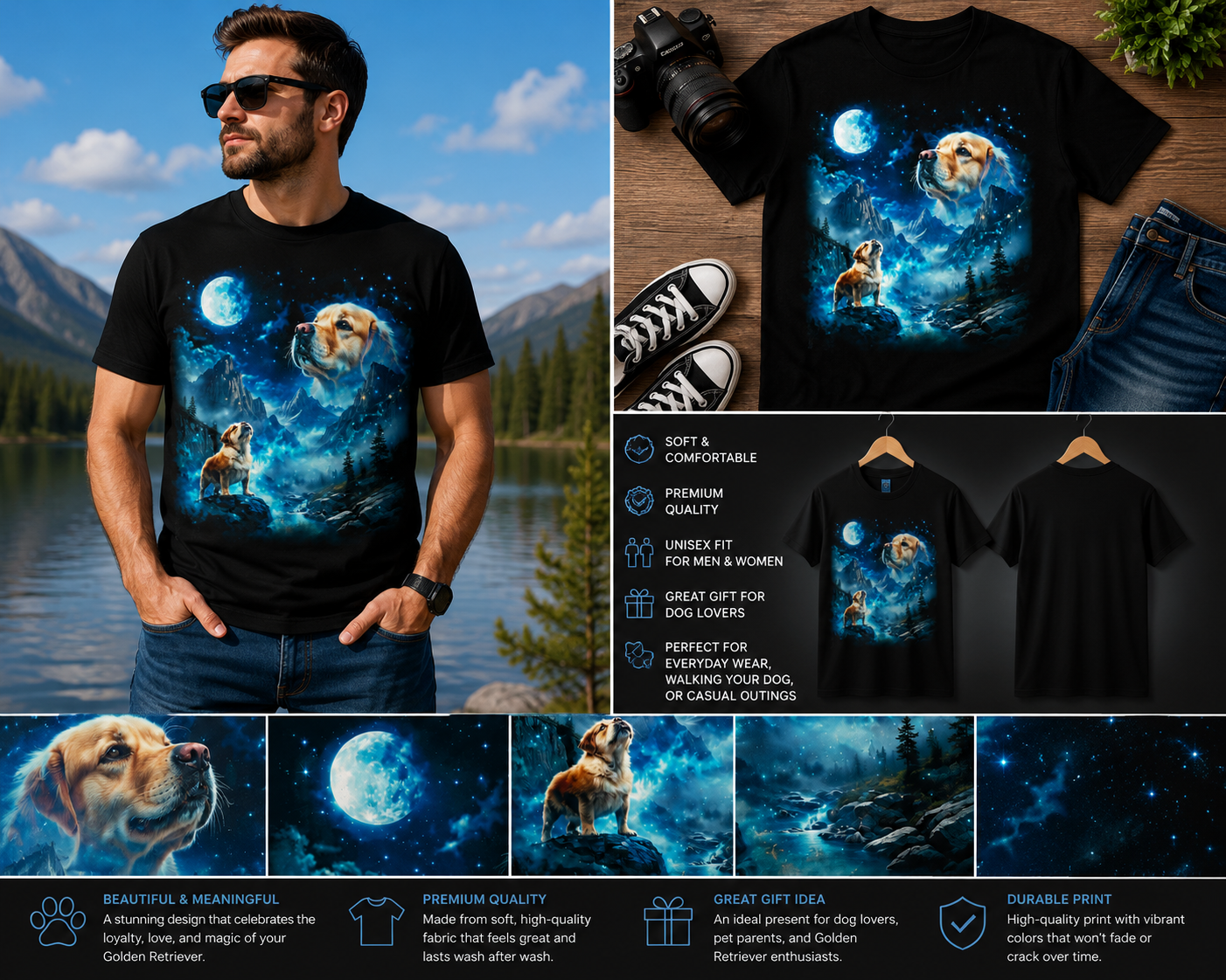 Golden Retriever Moonlight Fantasy Shirt – Dreamy Dog Lover Night Sky Graphic T-Shirt