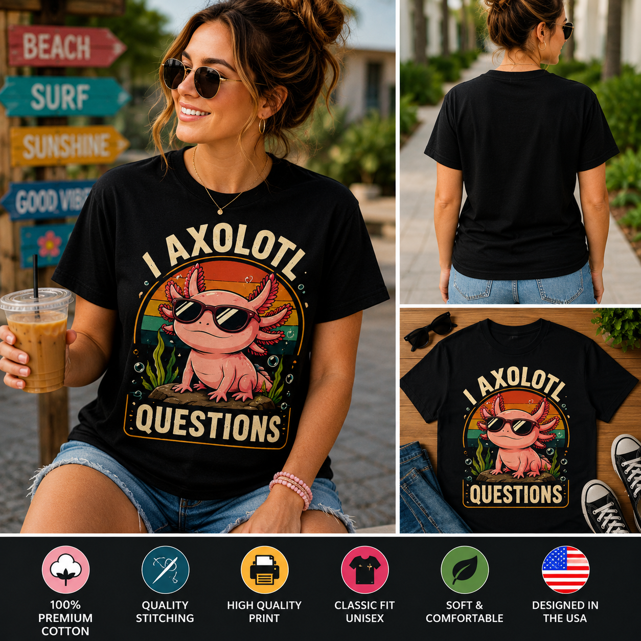 I Axolotl Questions Funny Retro Axolotl T-Shirt, Cute Axolotl Lover Gift Tee, Vintage Amphibian Graphic Shirt for Men Women Kids