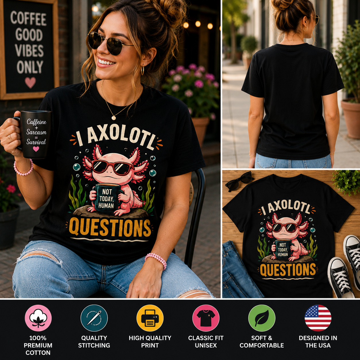 I Axolotl Questions Funny Axolotl Coffee Lover T-Shirt, Cute Retro Axolotl Graphic Tee, Funny Amphibian Pun Shirt for Men Women Kids