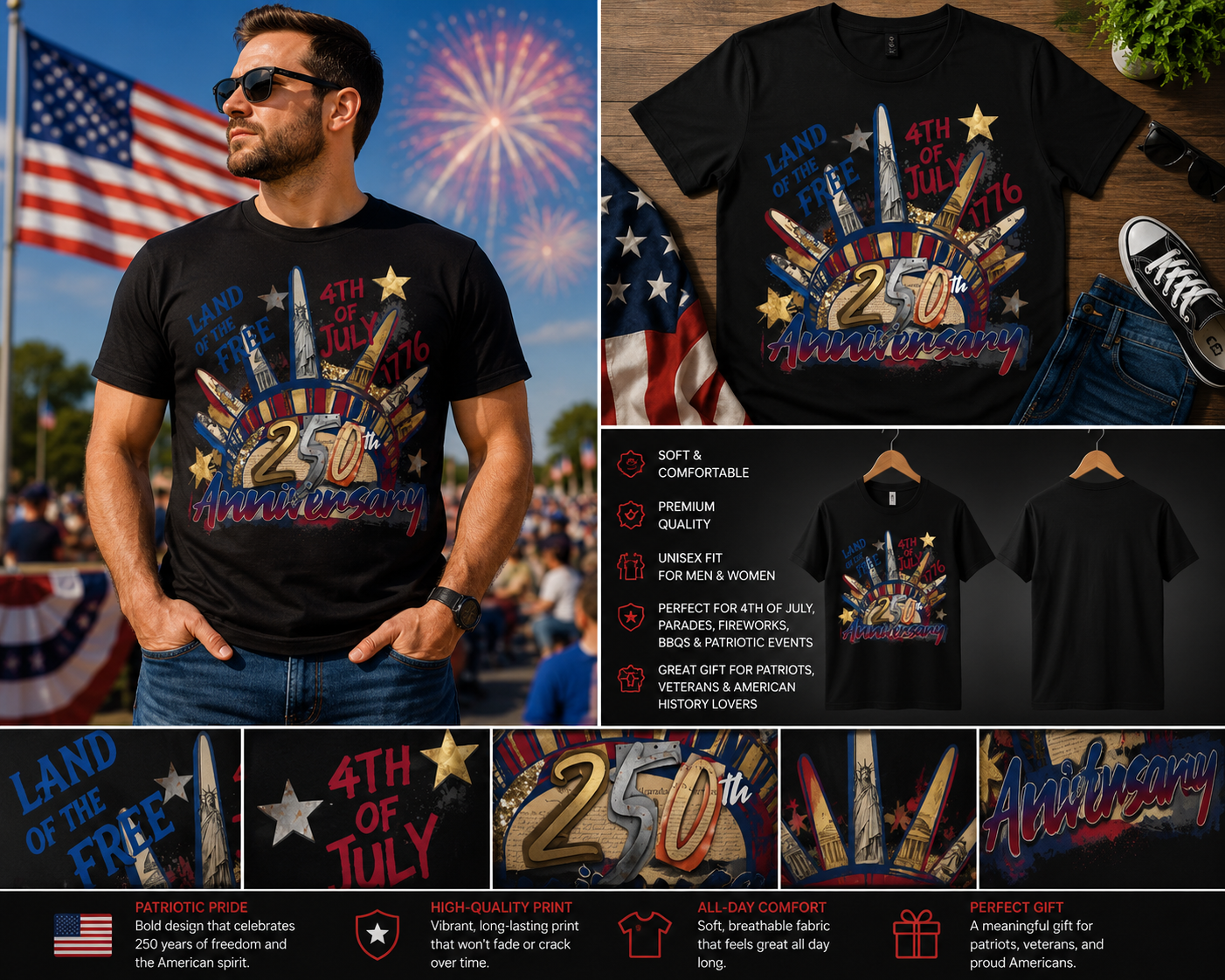 250th Anniversary 4th of July T-Shirt – Land of the Free Patriotic USA Independence Day Graphic Tee