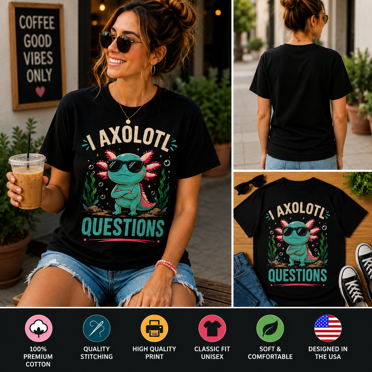 I Axolotl Questions Funny Cool Axolotl T-Shirt, Cute Retro Salamander Graphic Tee, Axolotl Lover Gift Shirt for Men Women Kids