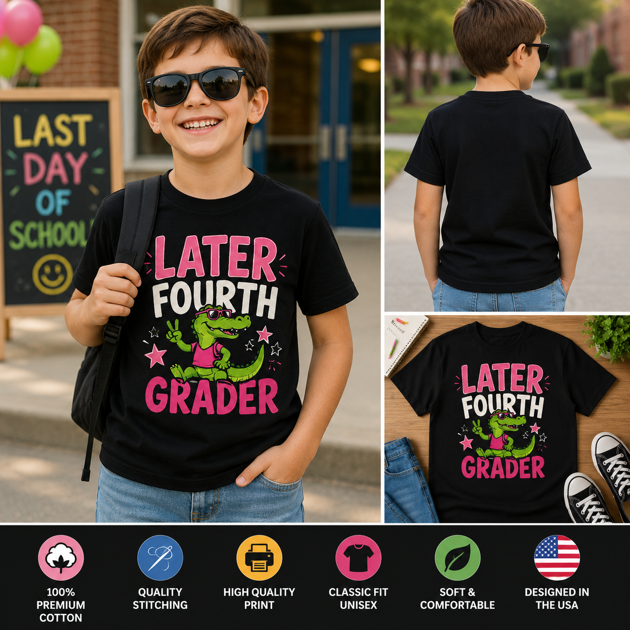Later Fourth Grader Alligator T-Shirt – Funny Last Day of School 4th Grade Tee for Kids