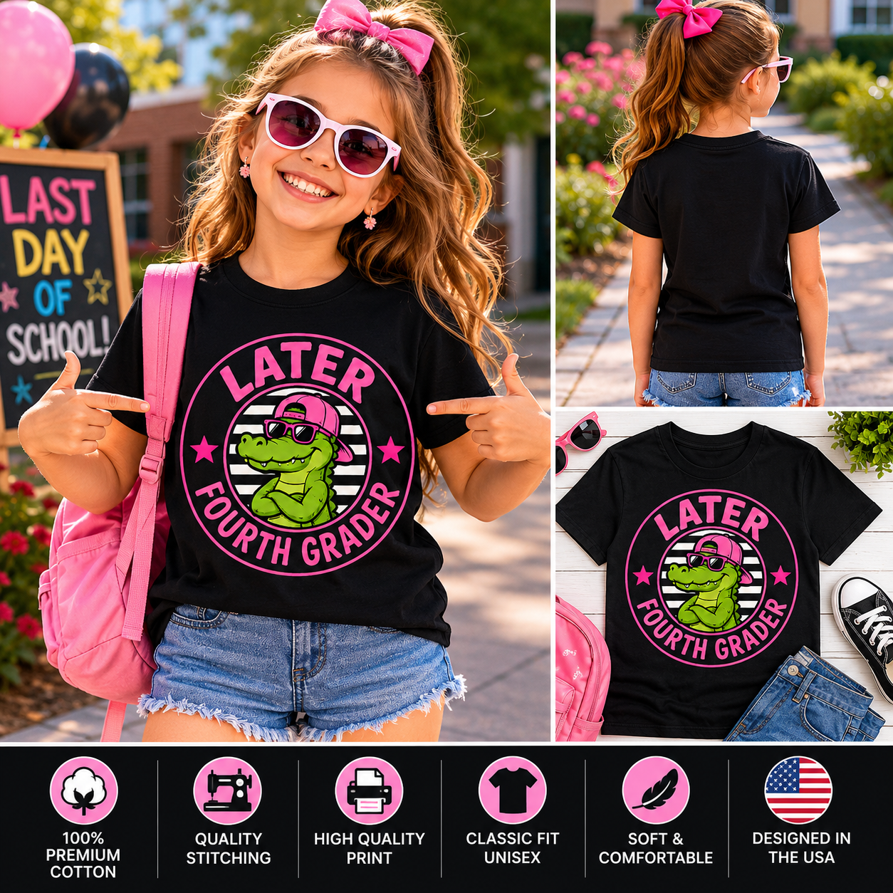 Later Fourth Grader Funny Alligator Last Day of School T-Shirt for Girls – 4th Grade Graduation Tee