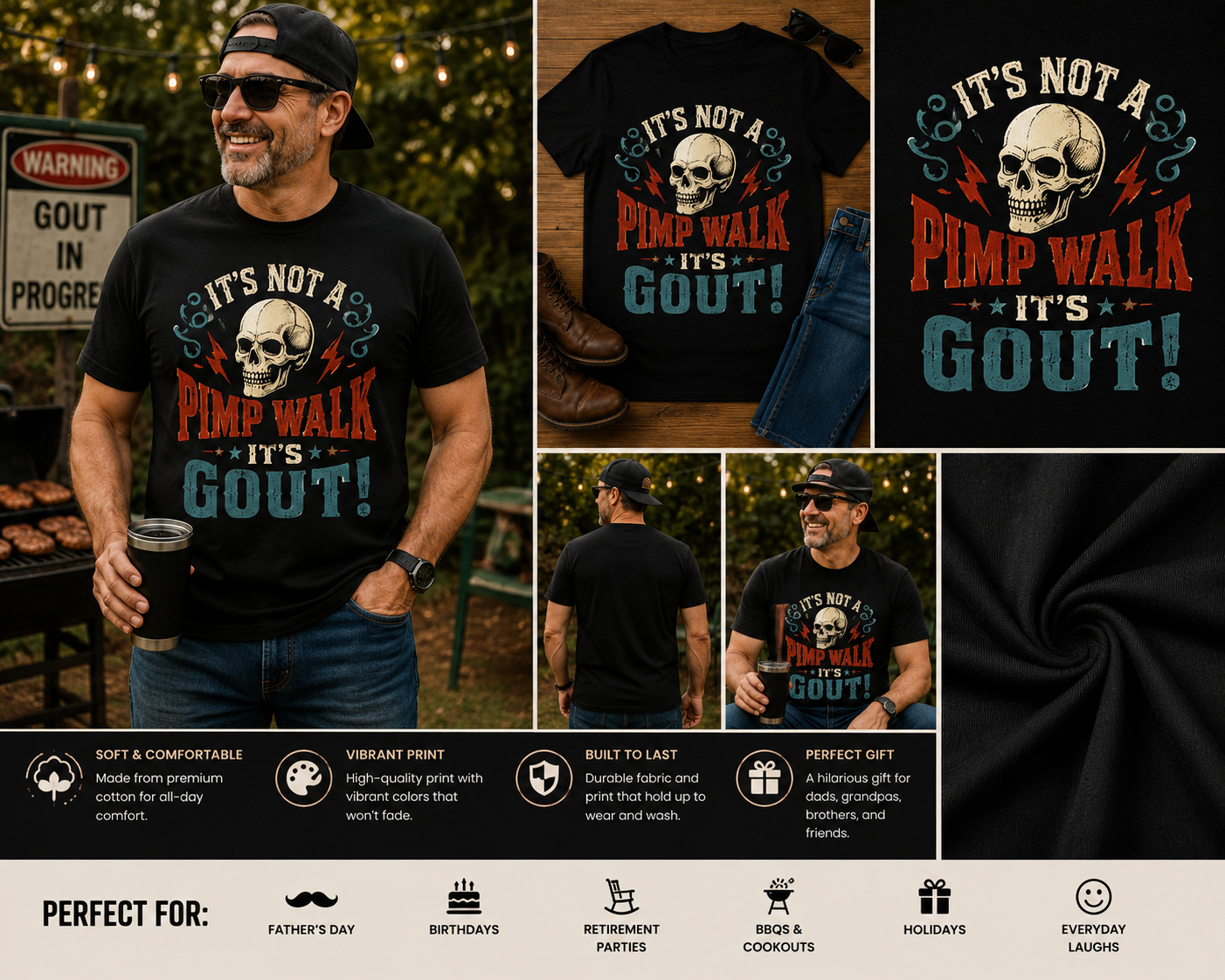 It's Not a Pimp Walk It's Gout Skull Funny Gout Awareness T-Shirt | Vintage Medical Humor Graphic Tee