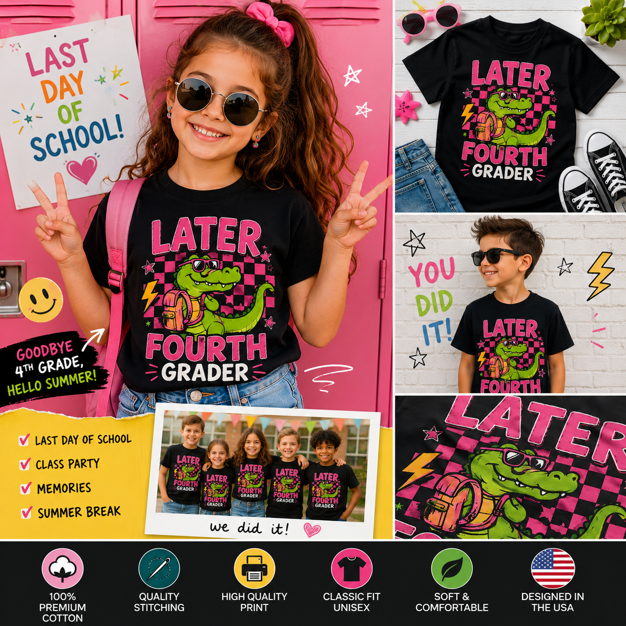 Later Fourth Grader Funny Alligator Last Day of School T-Shirt for Kids – 4th Grade Graduation Shirt