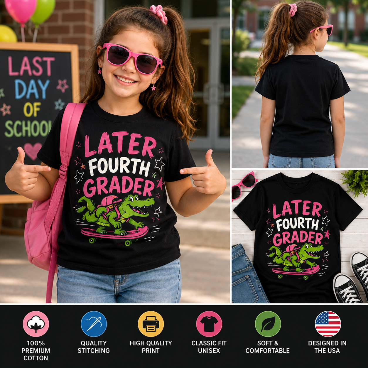 Later Fourth Grader Funny Alligator Last Day of School Kids T-Shirt