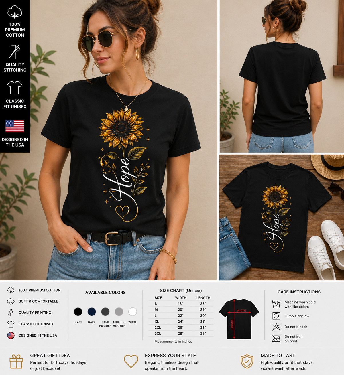 Hope Sunflower Floral Inspirational Graphic T-Shirt