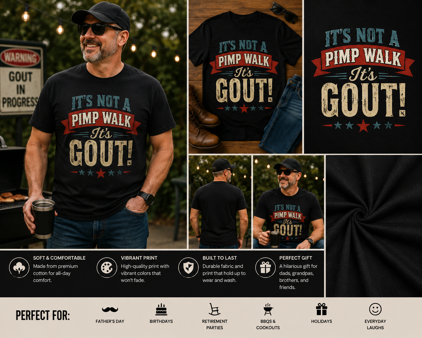 It's Not a Pimp Walk It's Gout Funny Gout Awareness T-Shirt | Vintage Humor Graphic Tee for Men