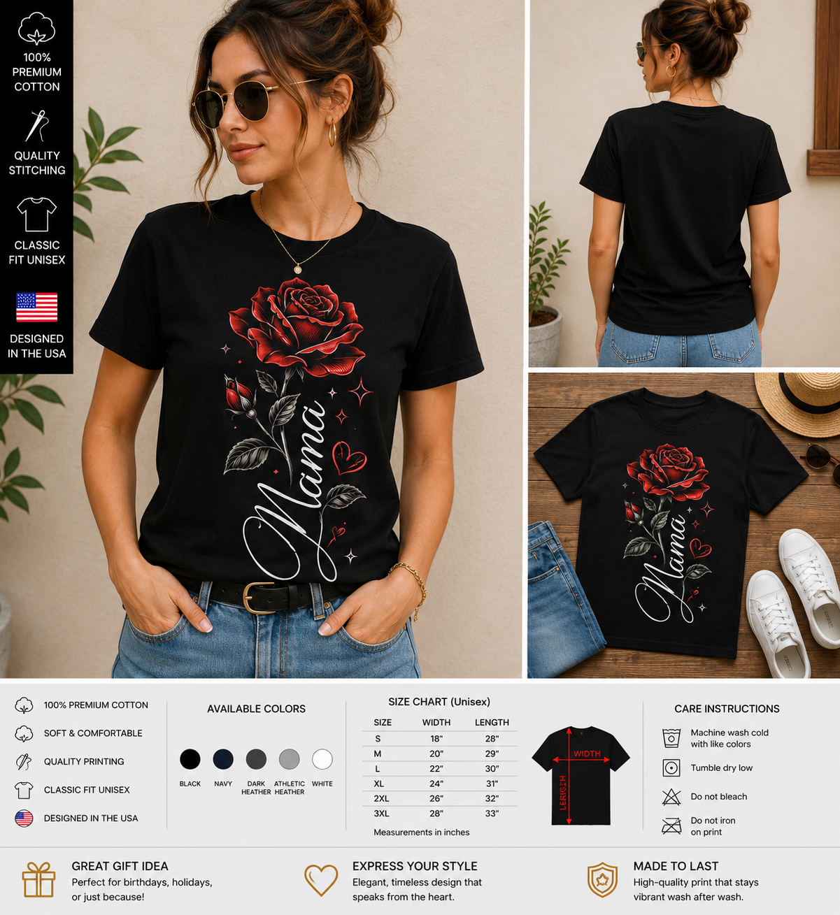 Mama Red Rose Floral Butterfly Vintage Graphic T-Shirt