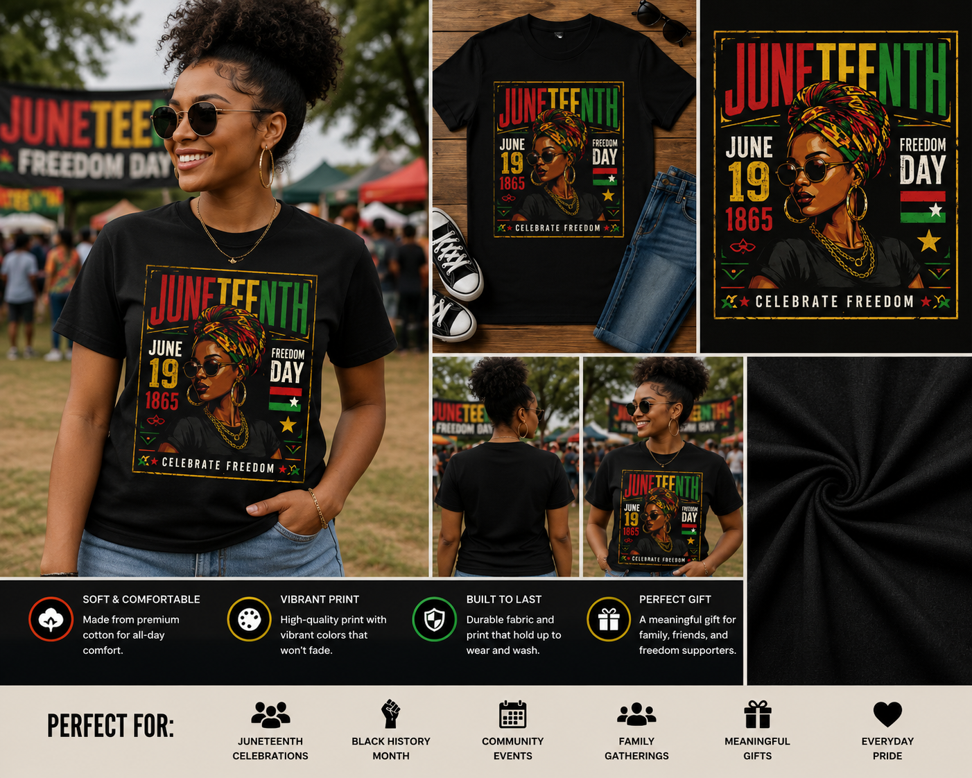 Juneteenth Freedom Day June 19 1865 Black Woman Melanin Pride T-Shirt | Celebrate Freedom Graphic Tee