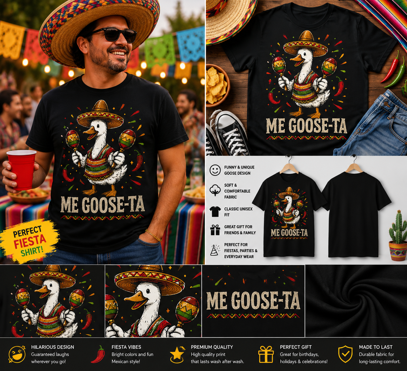 Me Goose-Ta Funny Mexican Goose T-Shirt – Cinco De Mayo Fiesta Goose Graphic Tee