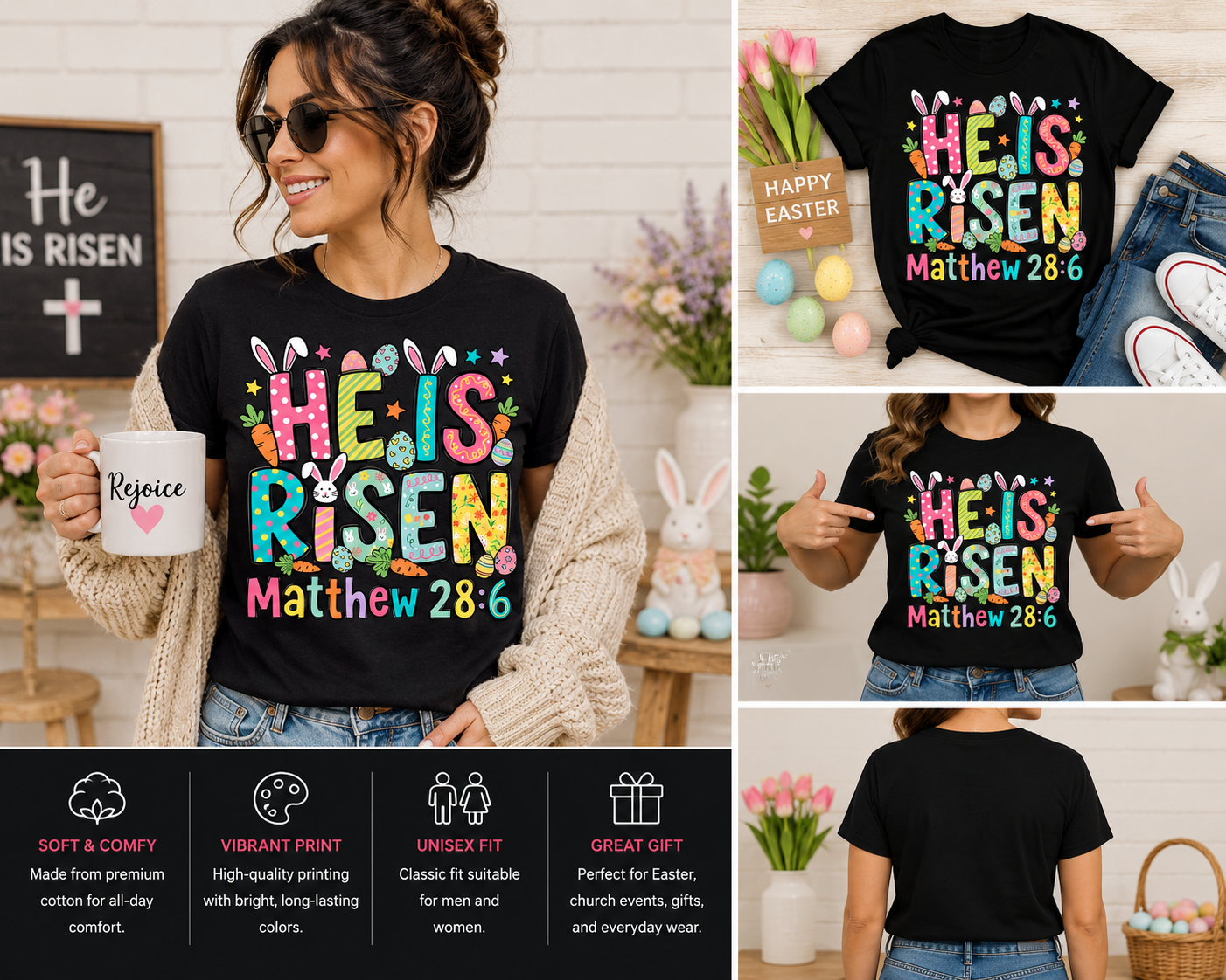 He Is Risen Matthew 28:6 Easter Shirt – Christian Easter Bunny T-Shirt – Cute Religious Easter Graphic Tee – Faith Based Resurrection Shirt