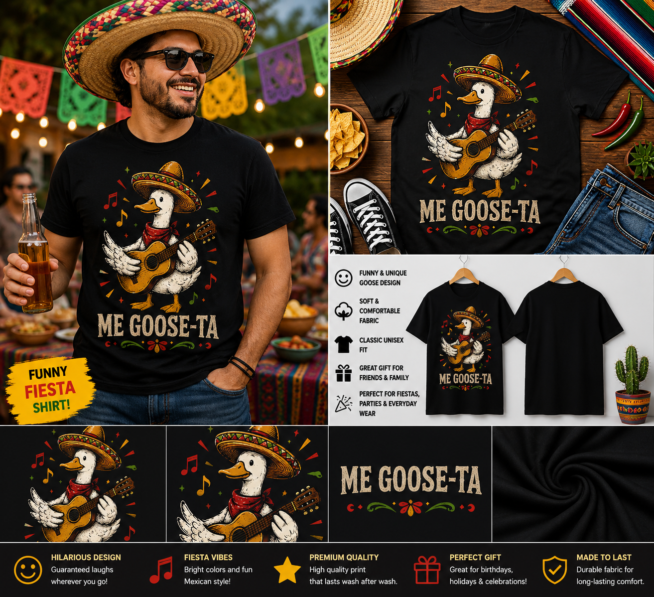 Me Goose-Ta Funny Mariachi Goose T-Shirt – Mexican Guitar Goose Graphic Tee
