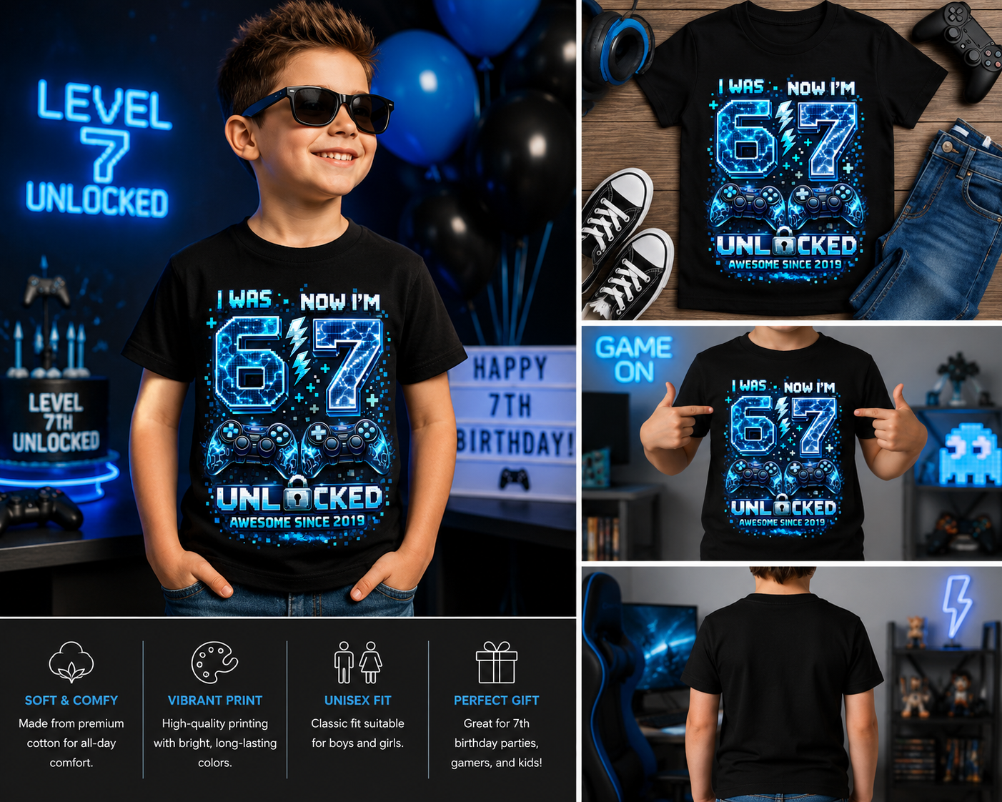 I Was 6 Now I’m 7 Gamer Birthday Shirt – Level 7 Unlocked Gaming T-Shirt – 7th Birthday Gamer Boy Tee – Video Game Birthday Shirt
