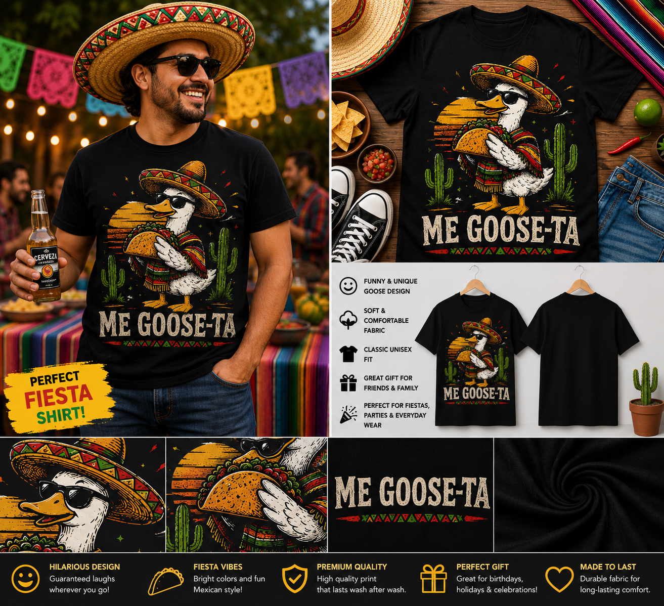 Me Goose-Ta Funny Taco Goose T-Shirt – Mexican Fiesta Goose Graphic Tee