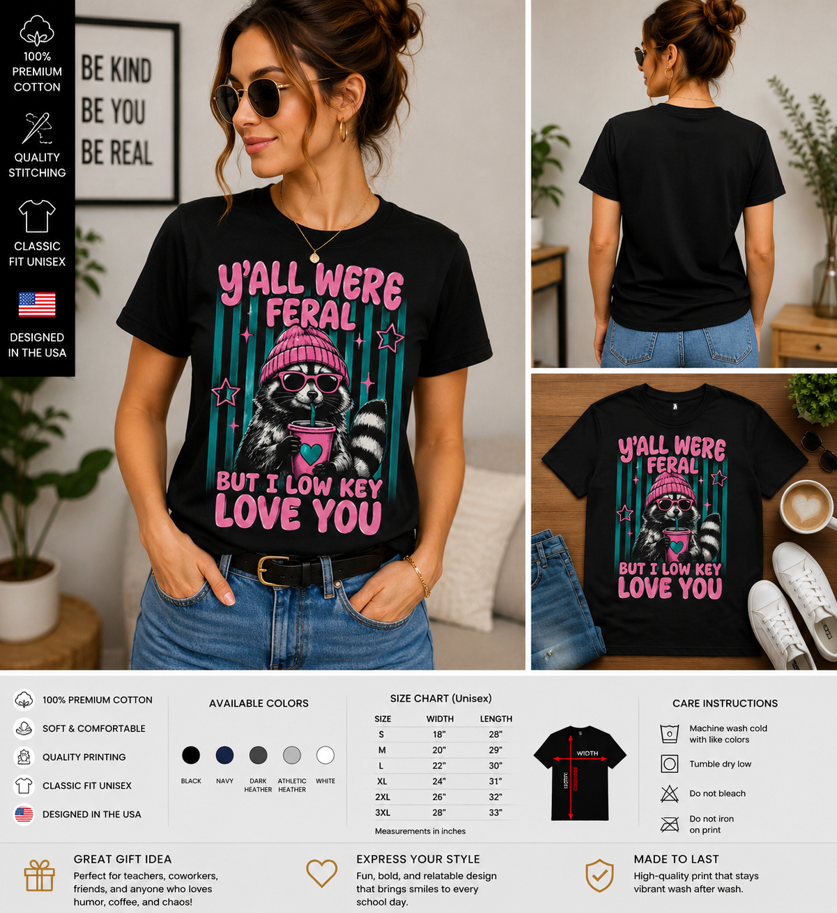 Y’all Were Feral But I Low Key Love You Funny Coffee Raccoon Teacher T-Shirt