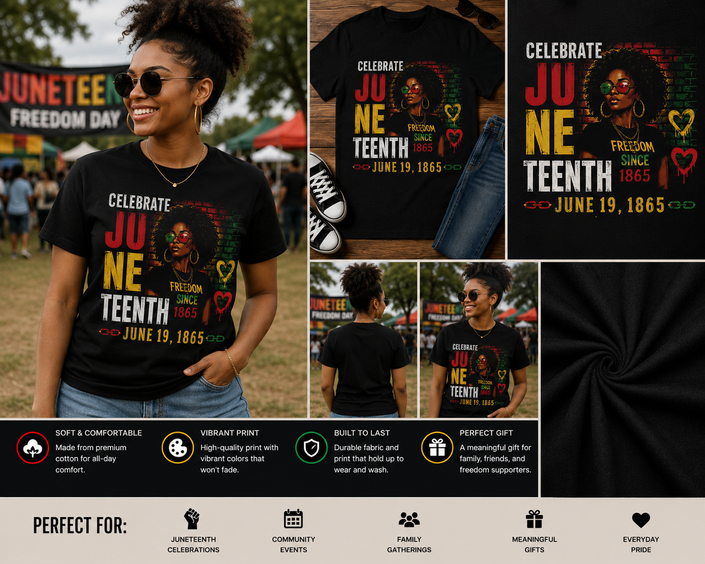 Juneteenth Black Woman Freedom Since 1865 T-Shirt – Celebrate Juneteenth June 19 Freedom Day Graphic Tee