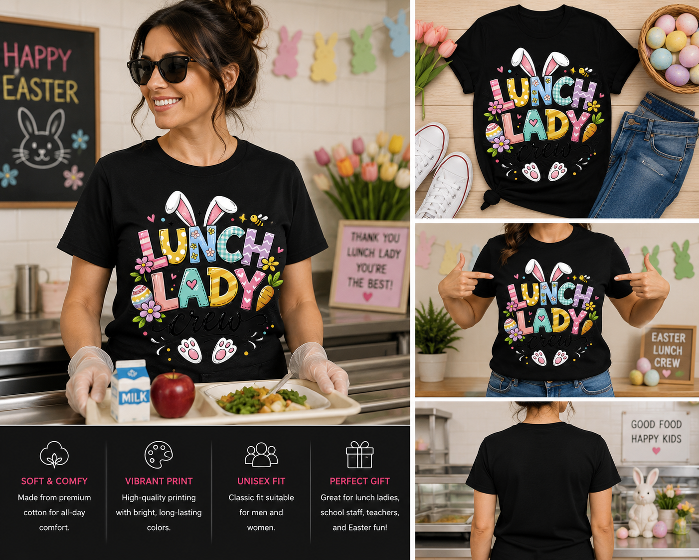 Lunch Lady Crew Easter Shirt – Funny Bunny Cafeteria Staff T-Shirt – School Lunch Lady Graphic Tee – Easter Teacher Team Shirt