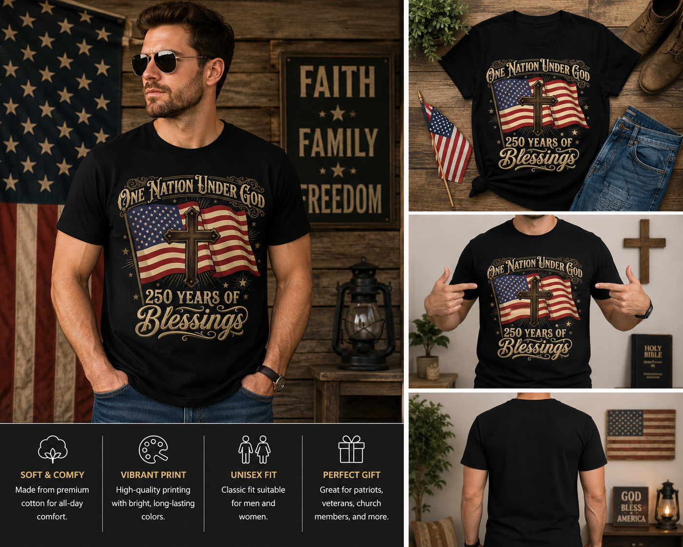 One Nation Under God 250 Years of Blessings Shirt – Patriotic Christian USA T-Shirt – American Flag Cross Graphic Tee – Faith and Freedom Shirt