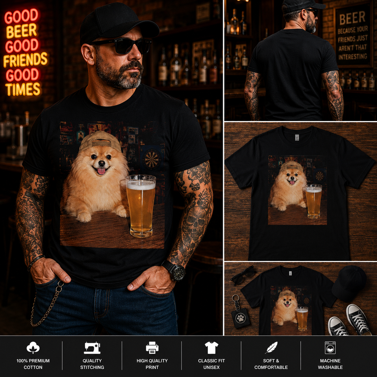 Funny Pomeranian Beer Bar T-Shirt – Happy Dog Drinking Beer Graphic Tee