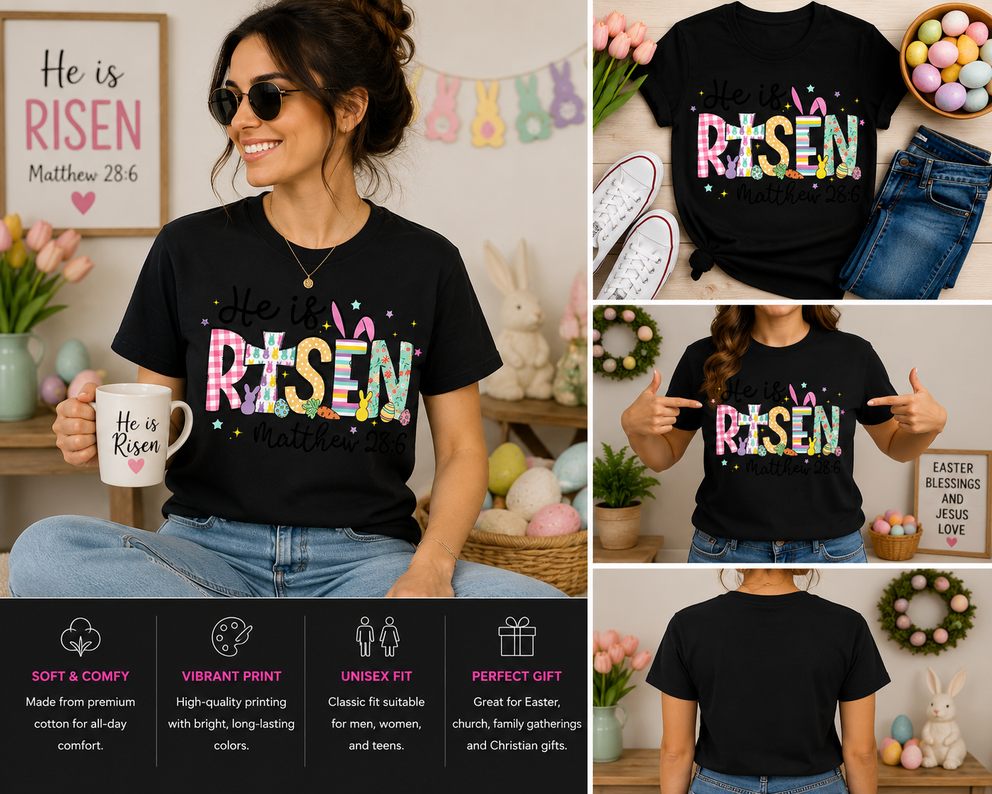 He Is Risen Easter Shirt – Matthew 28:6 Christian Bunny Graphic Tee for Women, Kids & Family Easter Celebration