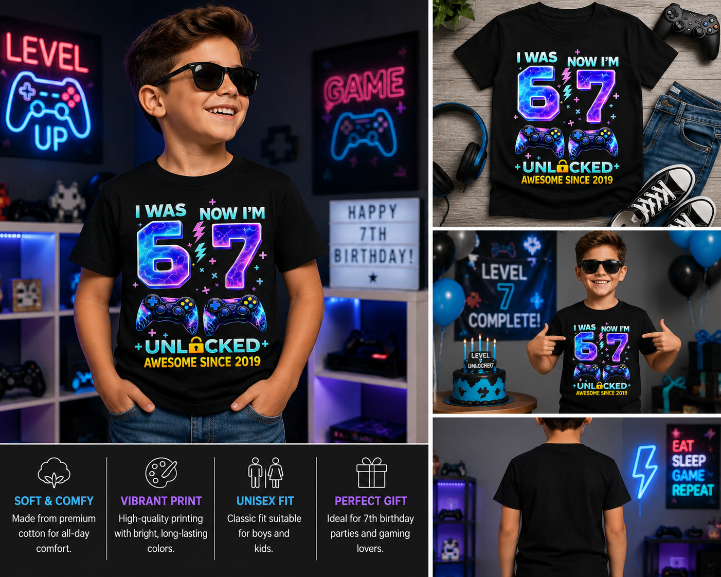 7th Birthday Gamer Shirt for Boys – “I Was 6 Now I’m 7” Video Game Birthday Tee for Kids Gamers