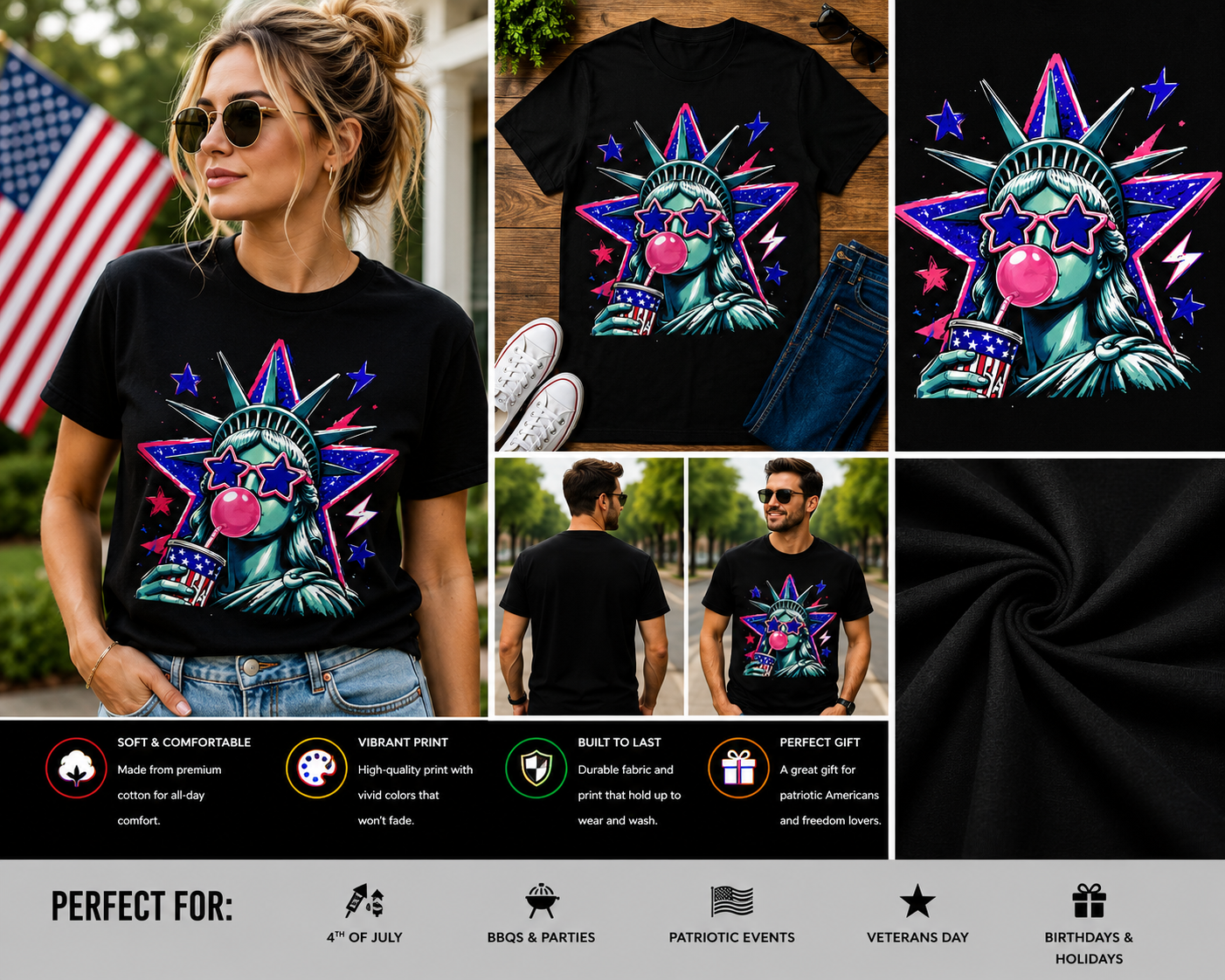 Patriotic Statue of Liberty Bubblegum USA Stars Graphic 4th of July T-Shirt