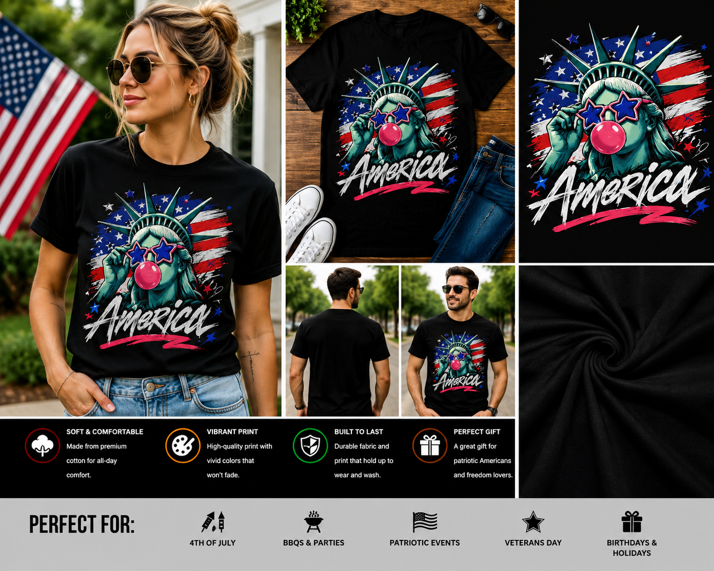 America Statue of Liberty Bubblegum Patriotic USA 4th of July Graphic T-Shirt