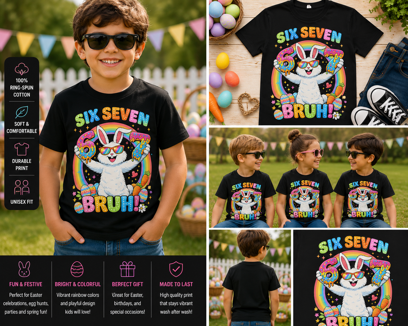 Six Seven Bruh Easter Bunny T-Shirt – Funny Rainbow Rabbit Graphic Tee for Kids