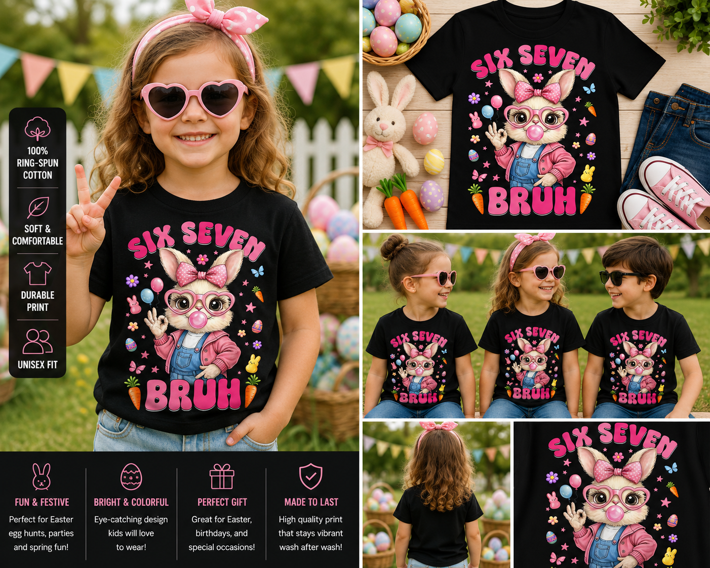 Six Seven Bruh Easter Bunny Girl T-Shirt – Cute Pink Rabbit Graphic Tee for Kids