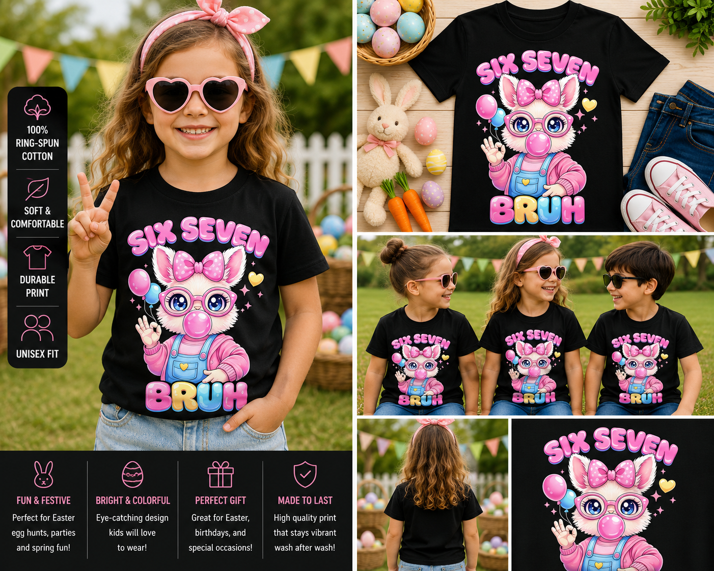 Six Seven Bruh Cute Bunny T-Shirt – Funny Easter Rabbit Graphic Tee for Girls