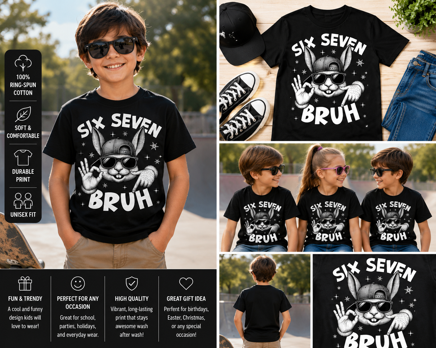 Six Seven Bruh Bunny T-Shirt – Funny Cool Rabbit Graphic Tee for Kids & Teens