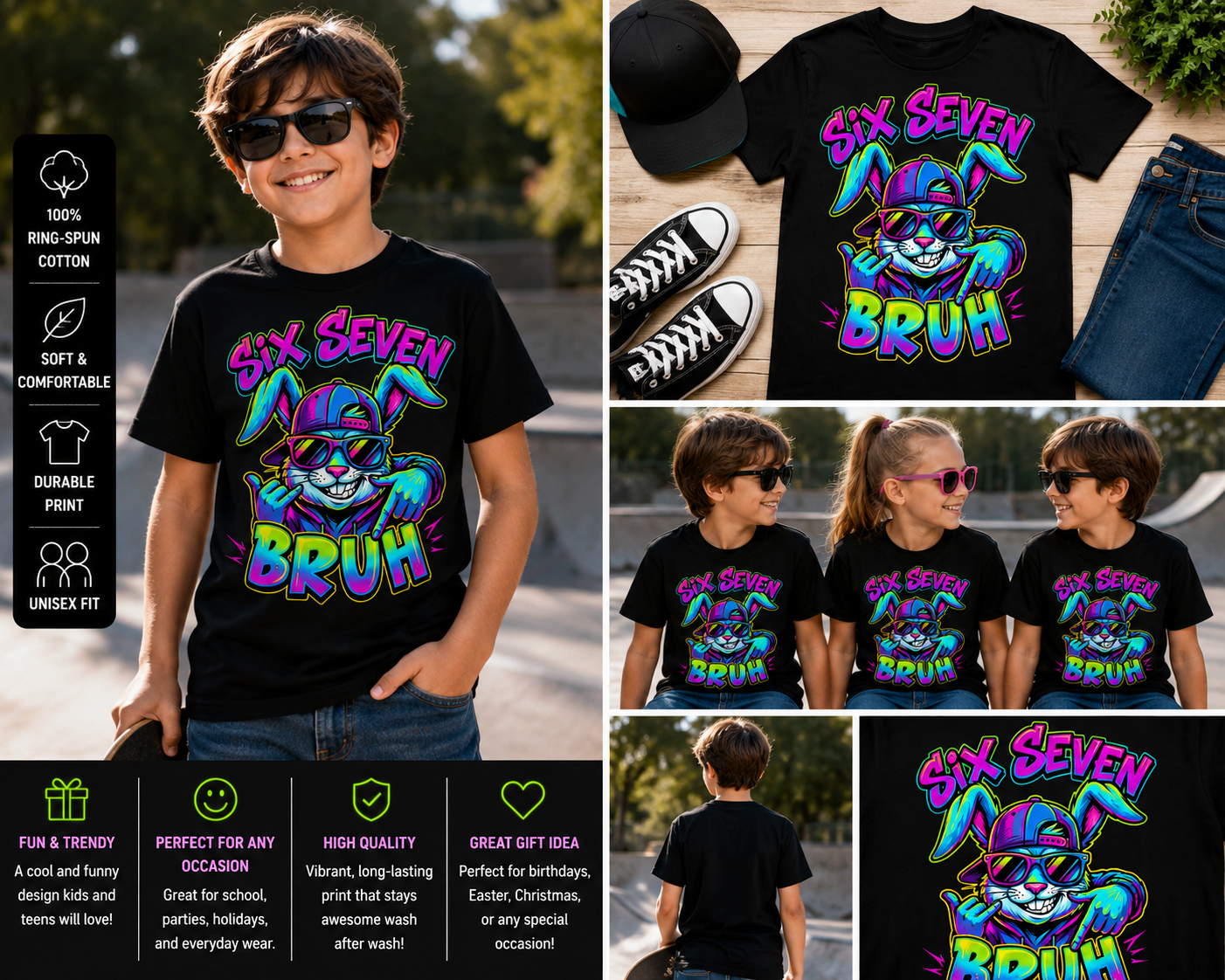 Six Seven Bruh Neon Bunny T-Shirt – Funny Retro Rabbit Graphic Tee for Kids & Teens
