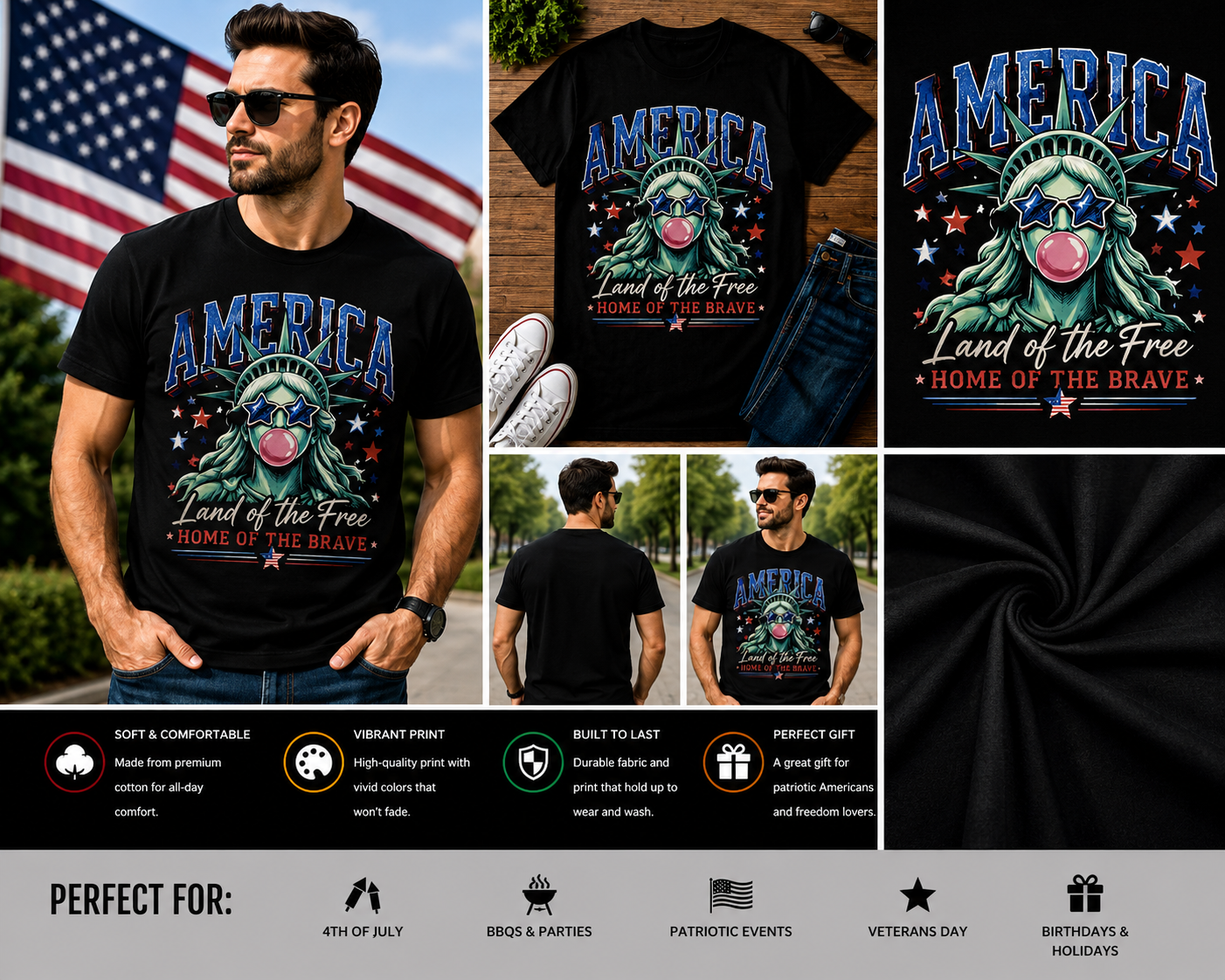 America Land of the Free Home of the Brave Patriotic Statue of Liberty Graphic T-Shirt