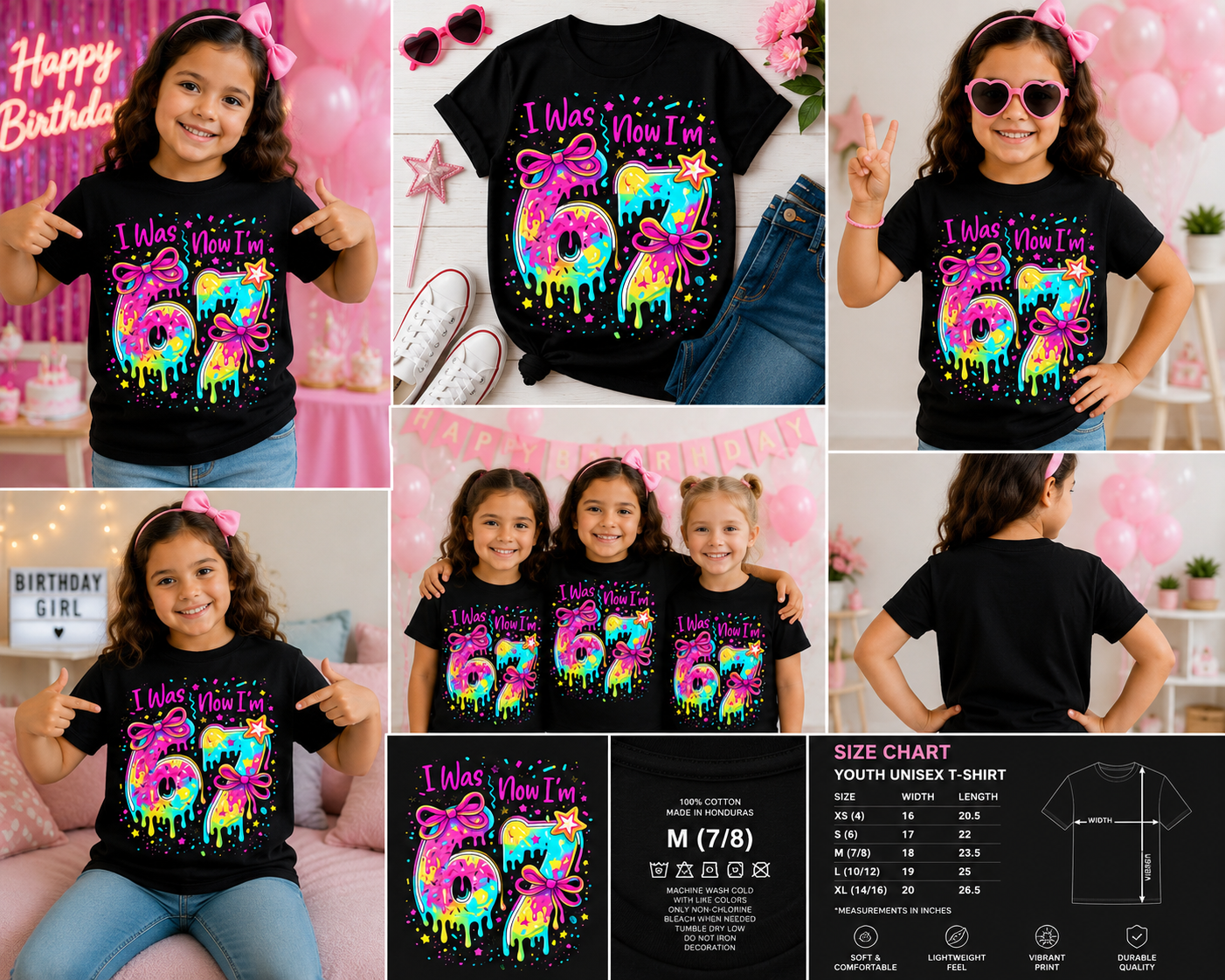 I Was 6 Now I’m 7 Birthday Girl T-Shirt – Cute Neon Drip 7th Birthday Party Tee for Girls