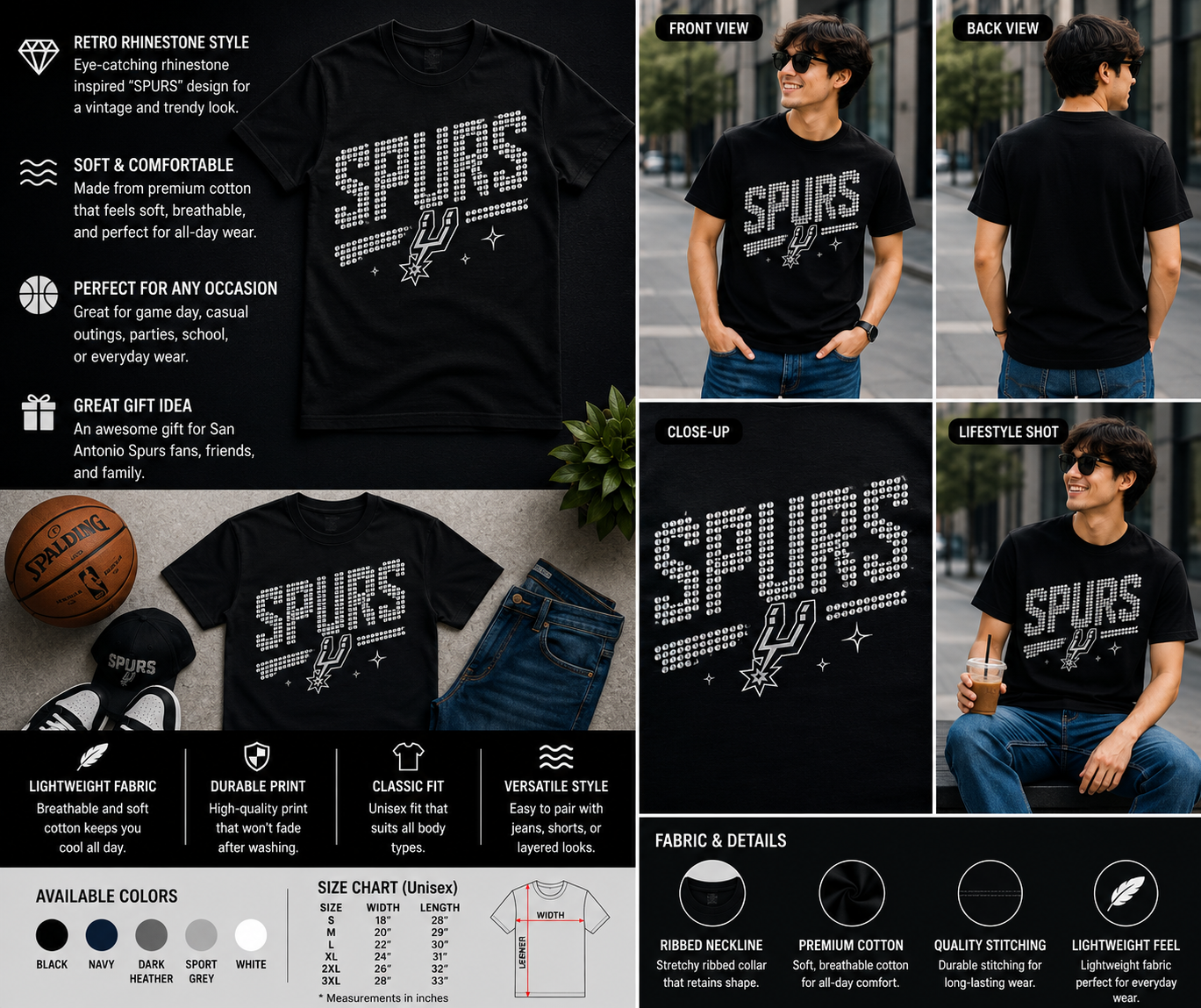 Vintage Spurs Basketball T-Shirt – Retro Rhinestone Style San Antonio Fan Tee for Men, Women & Kids