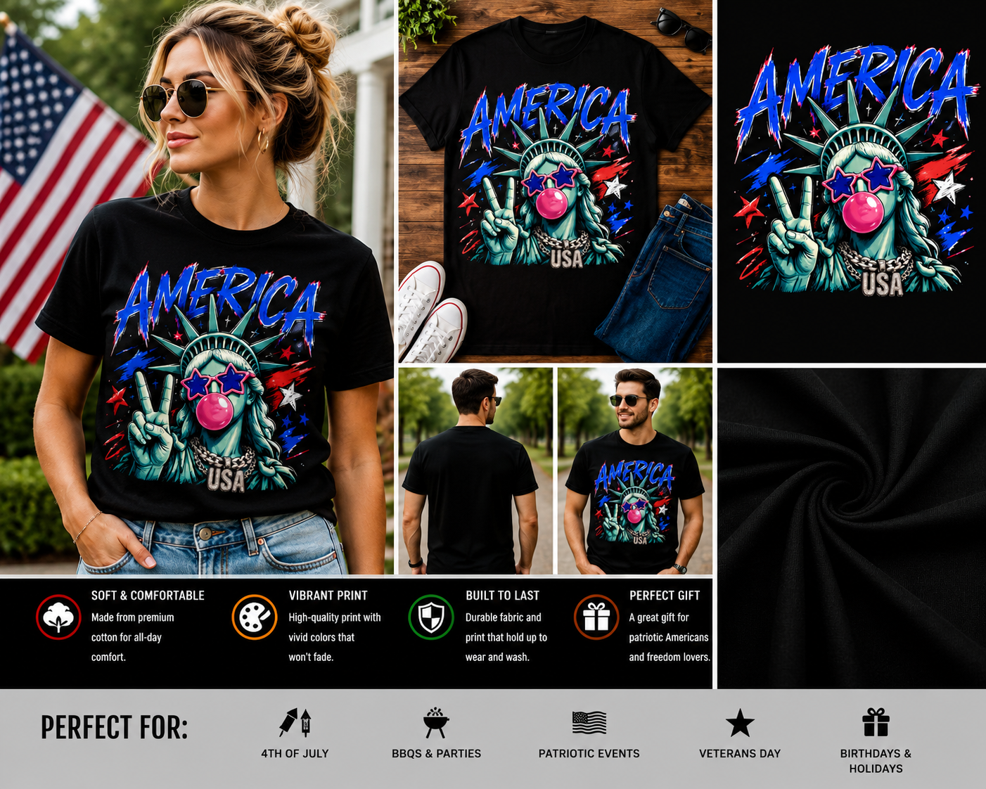 America USA Statue of Liberty Peace Sign Patriotic Graphic 4th of July T-Shirt