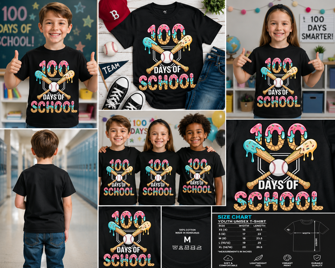 100 Days of School Baseball T-Shirt – Cute Ice Cream Drip 100th Day School Shirt for Kids