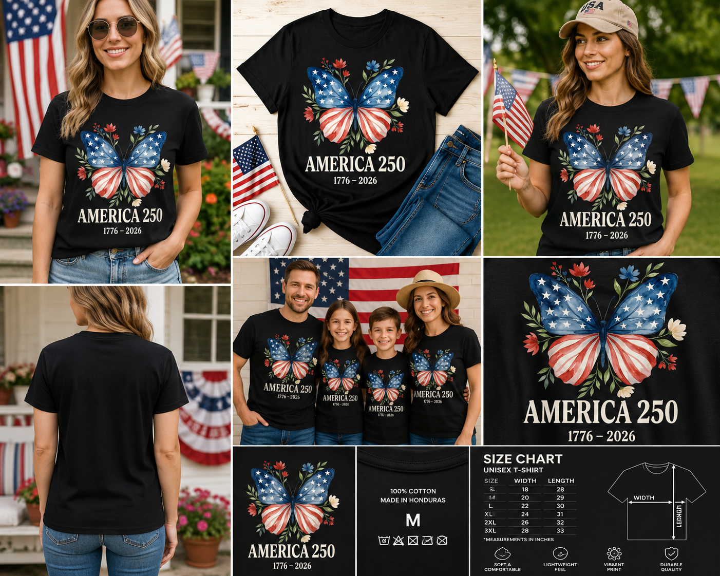 America 250 Patriotic Butterfly T-Shirt – USA 250th Anniversary 1776–2026 Independence Day Tee