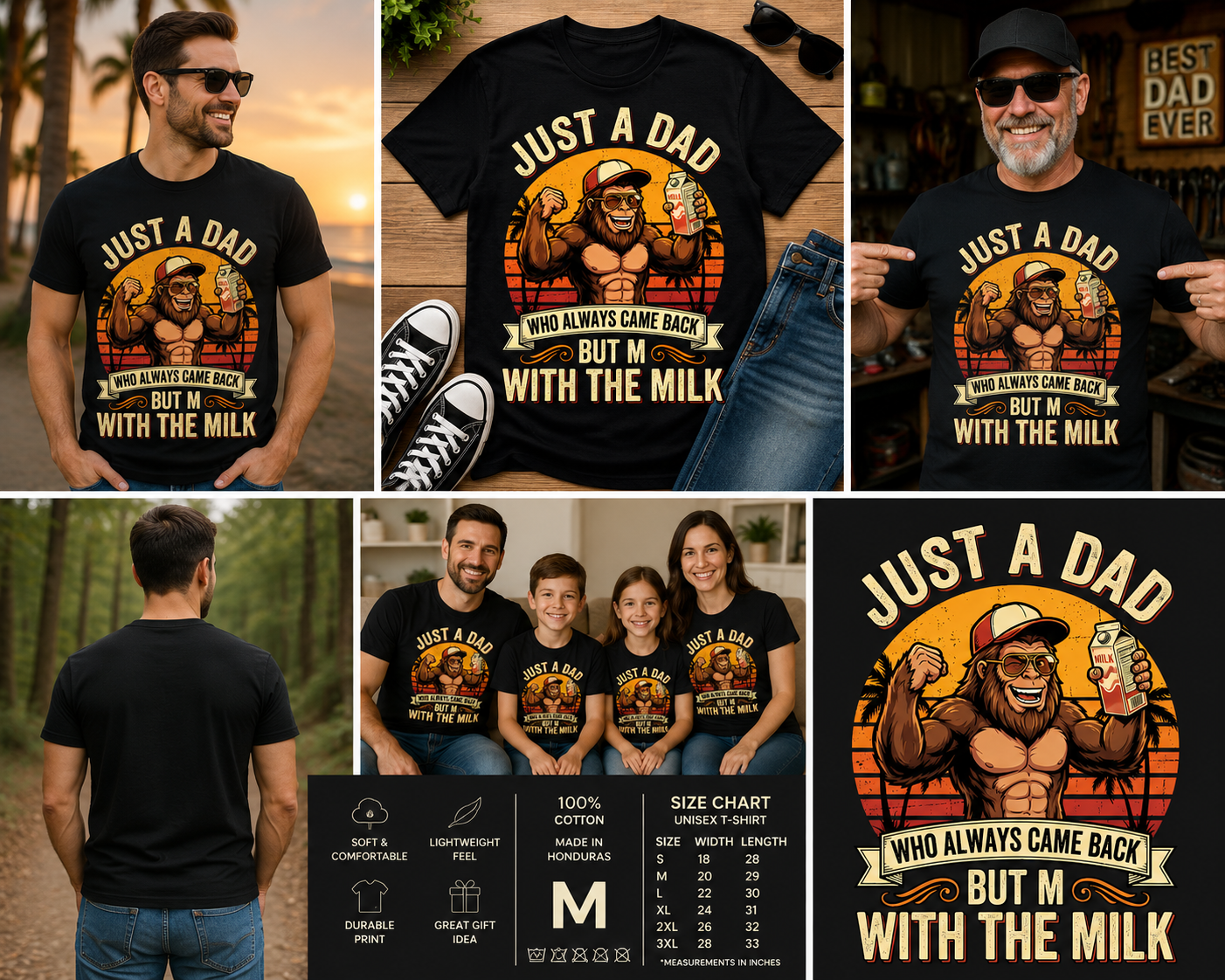Funny Bigfoot Dad Shirt, Just A Dad Who Came Back With The Milk Tee, Sasquatch Father’s Day Shirt, Cool Dad Graphic T-Shirt, Retro Bigfoot Papa Tee
