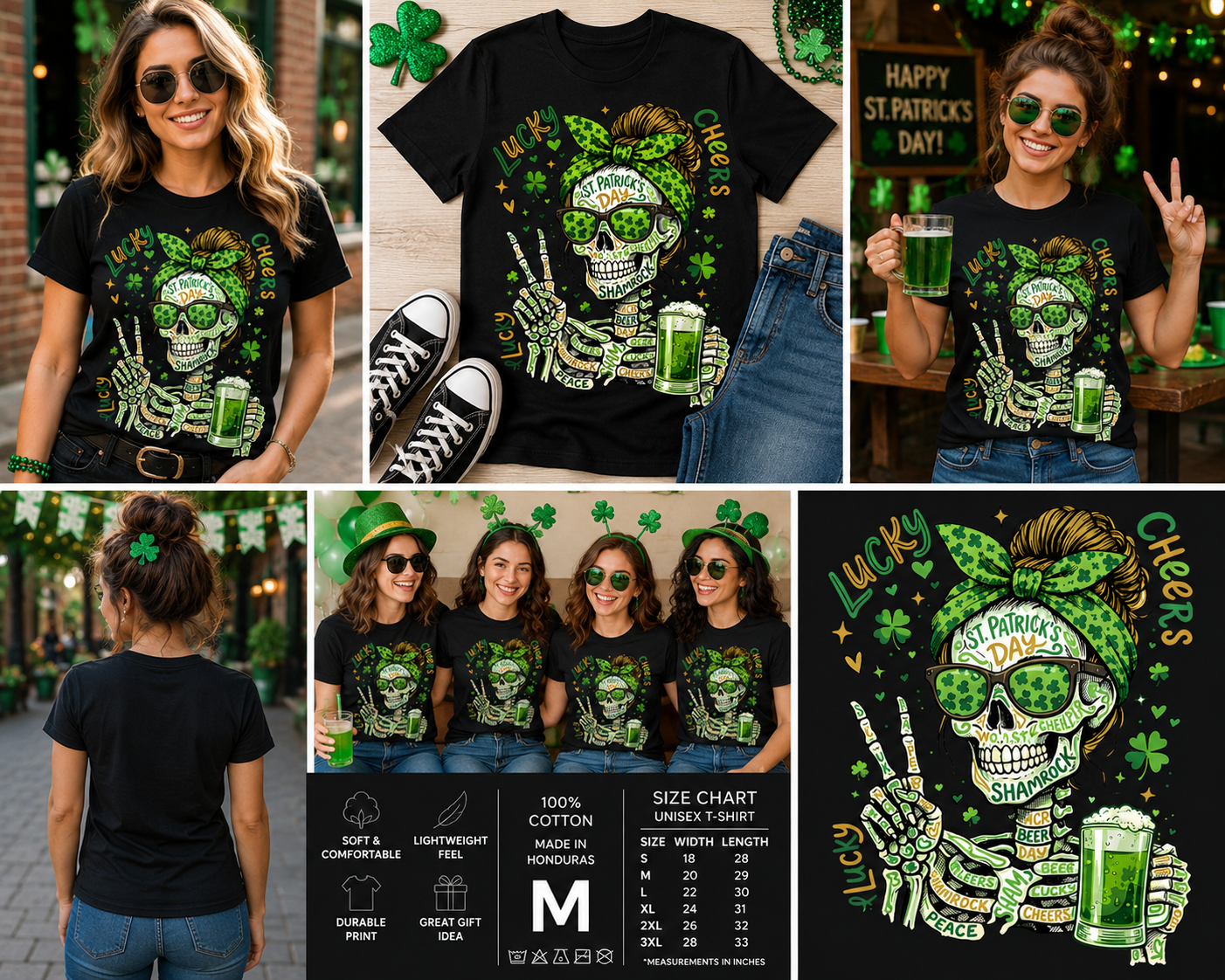 Funny St. Patrick’s Day Skull Shirt, Lucky Cheers Irish Skeleton Tee, Messy Bun Shamrock Beer Shirt, Women’s St Paddy’s Day Graphic T-Shirt