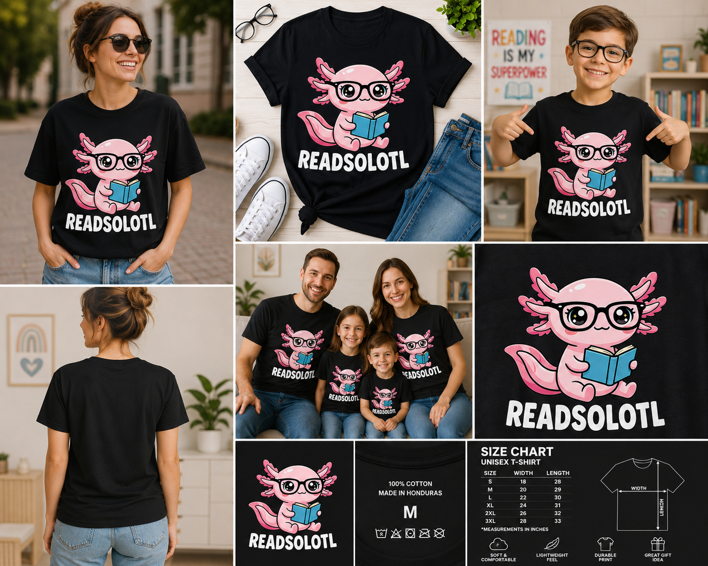 Readsolotl Cute Axolotl Reading Book T-Shirt – Funny Book Lover Graphic Tee for Kids & Readers
