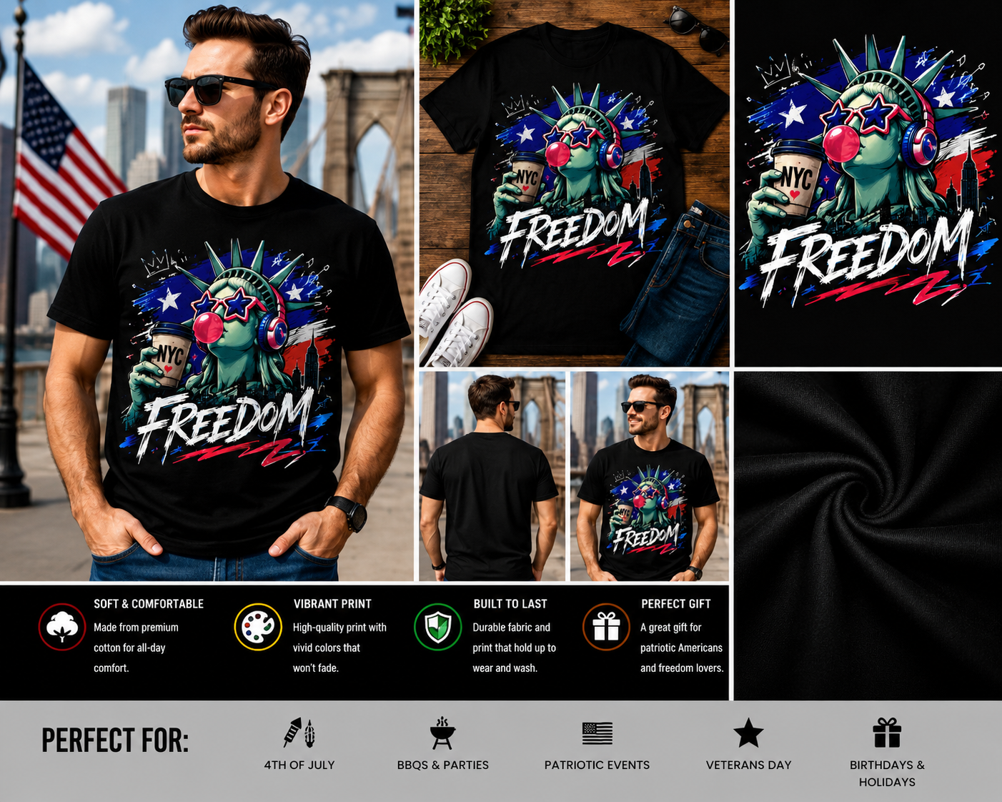 Freedom NYC Statue of Liberty Patriotic USA Graphic 4th of July T-Shirt