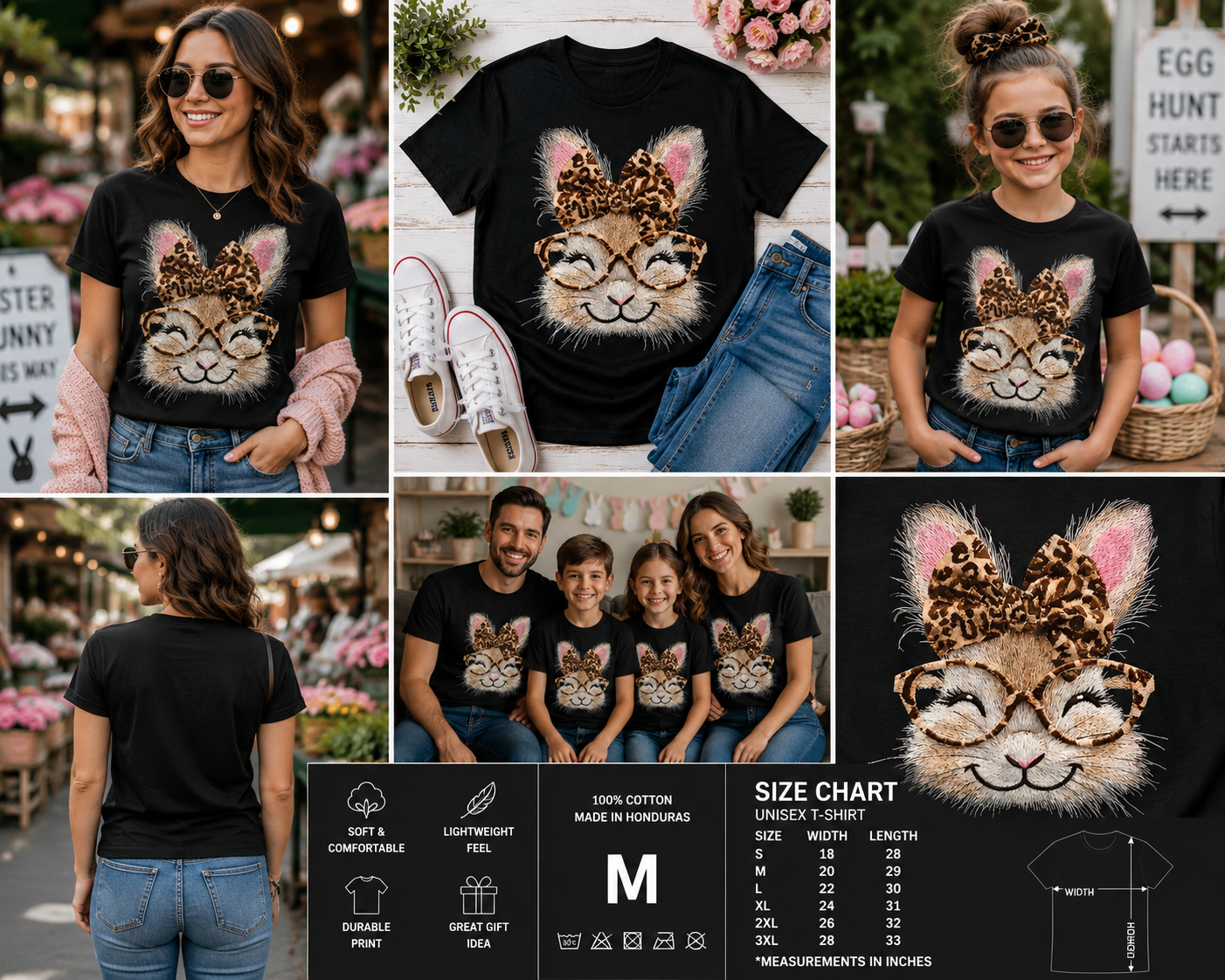 Funny Bunny Face Easter T-Shirt – Cute Rabbit with Leopard Bow & Glasses Graphic Tee