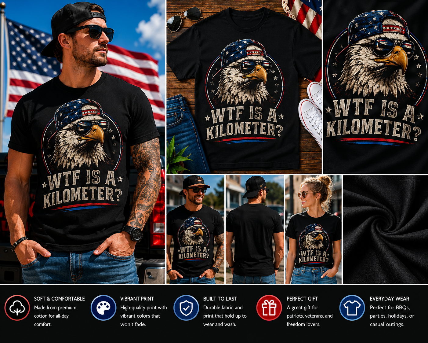 WTF Is A Kilometer? Funny Patriotic Eagle T-Shirt – American Flag Freedom Humor Graphic Tee for Men & Women